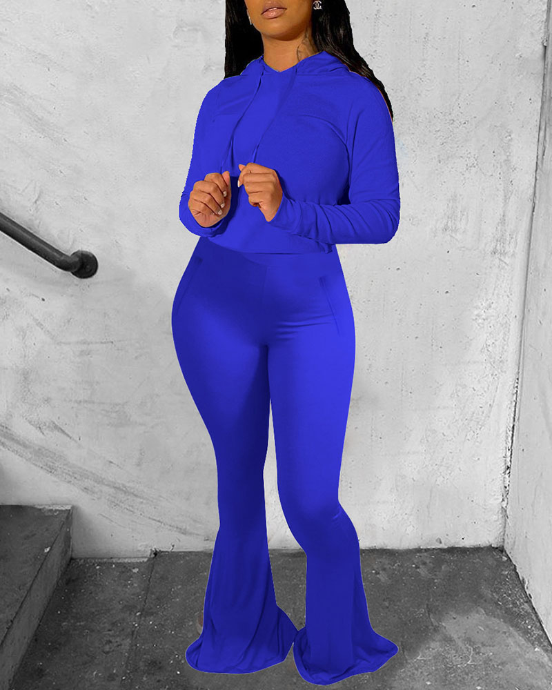 

Hooded Top & High Waist Bootcut Pants Set, Dark blue