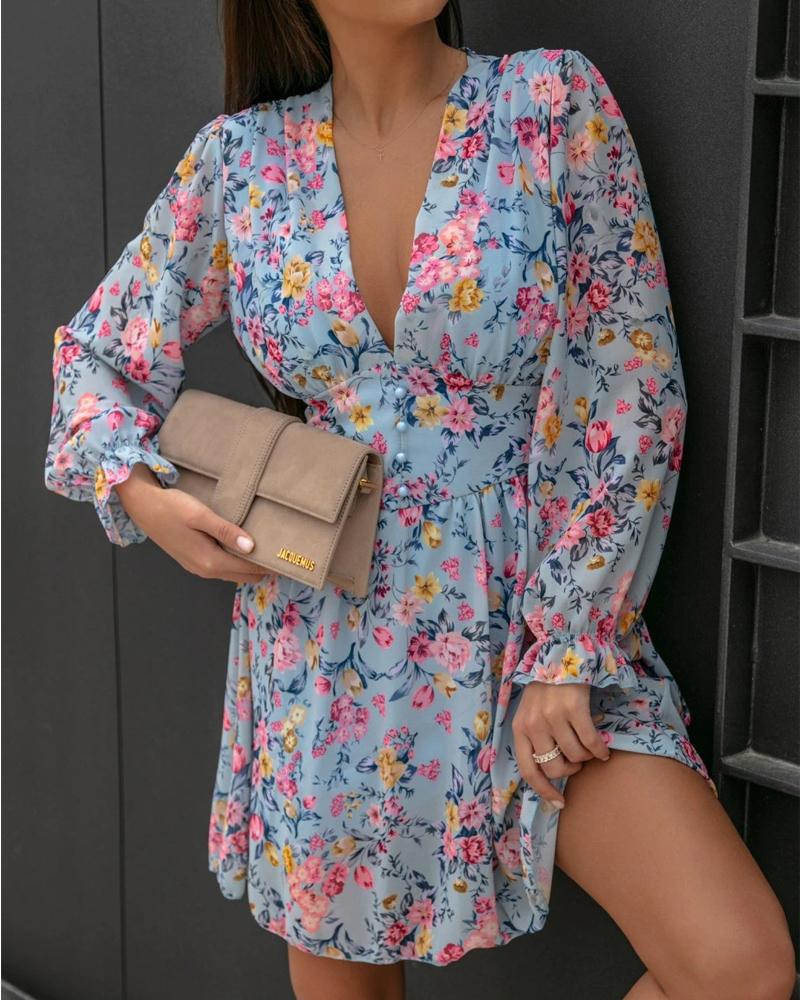 

Flounce Sleeve Corset Design Floral Print Dress, Blue