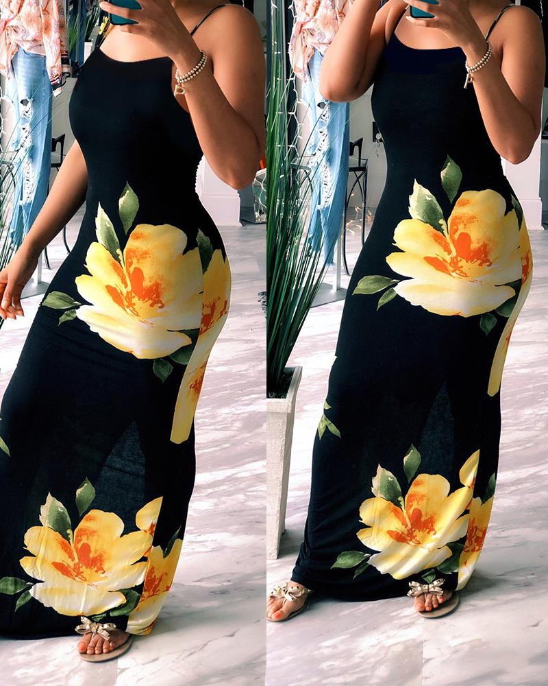 

Blooming Floral Print Spaghetti Strap Maxi Dress, Yellow