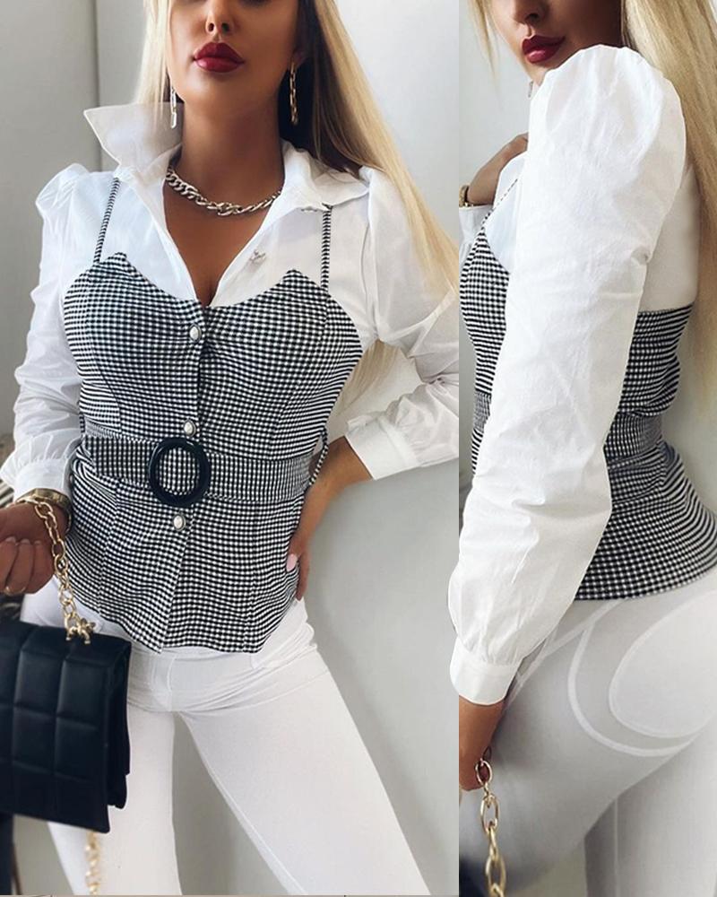 

Patchwork Plaid Print Button Front Long Sleeve Shirt, Black&white