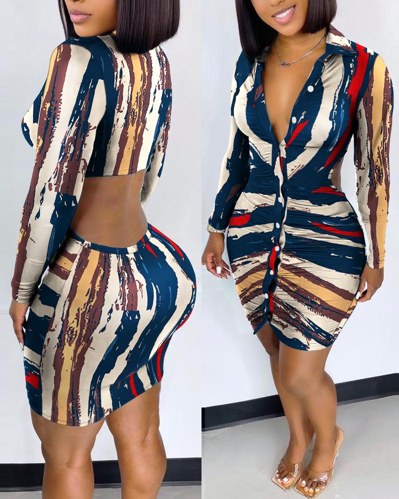 

Abstract Print Cutout Back Button Down Shirt Dress, Black