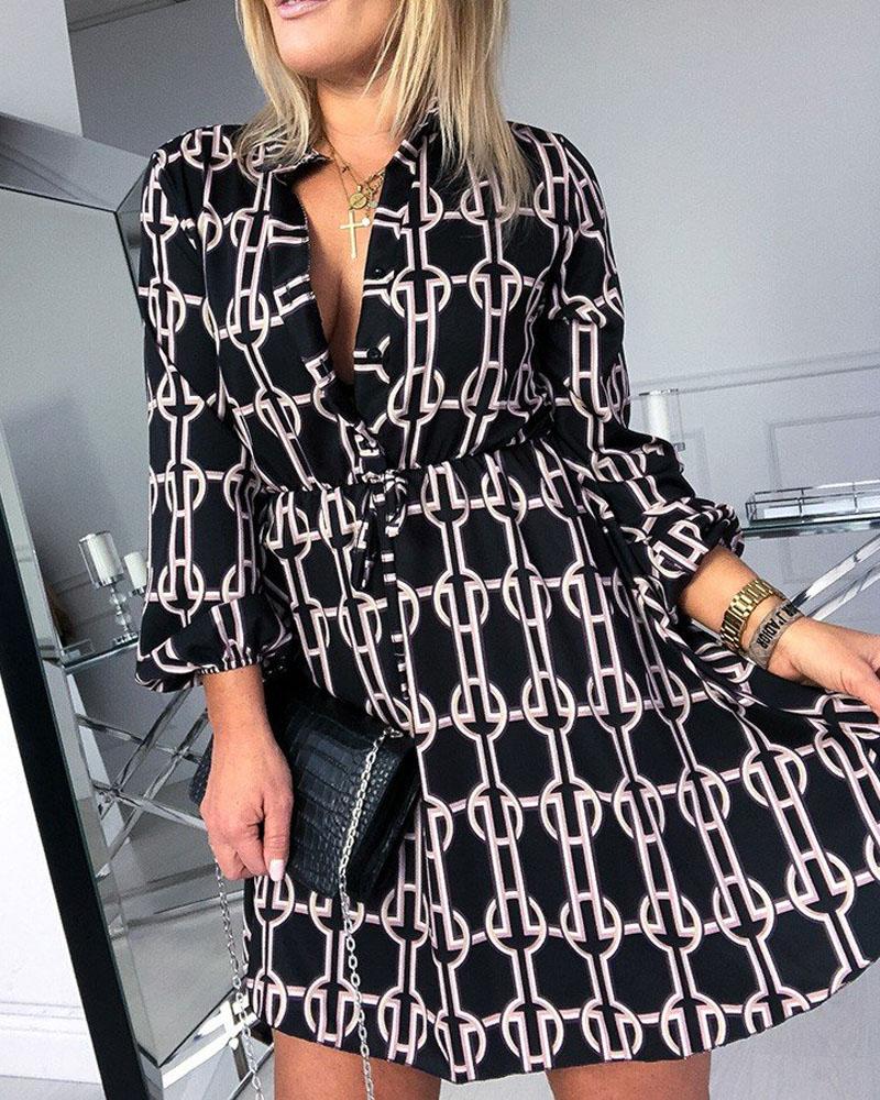 

Geo Print Long Sleeve Button Front Casual Dress, Black