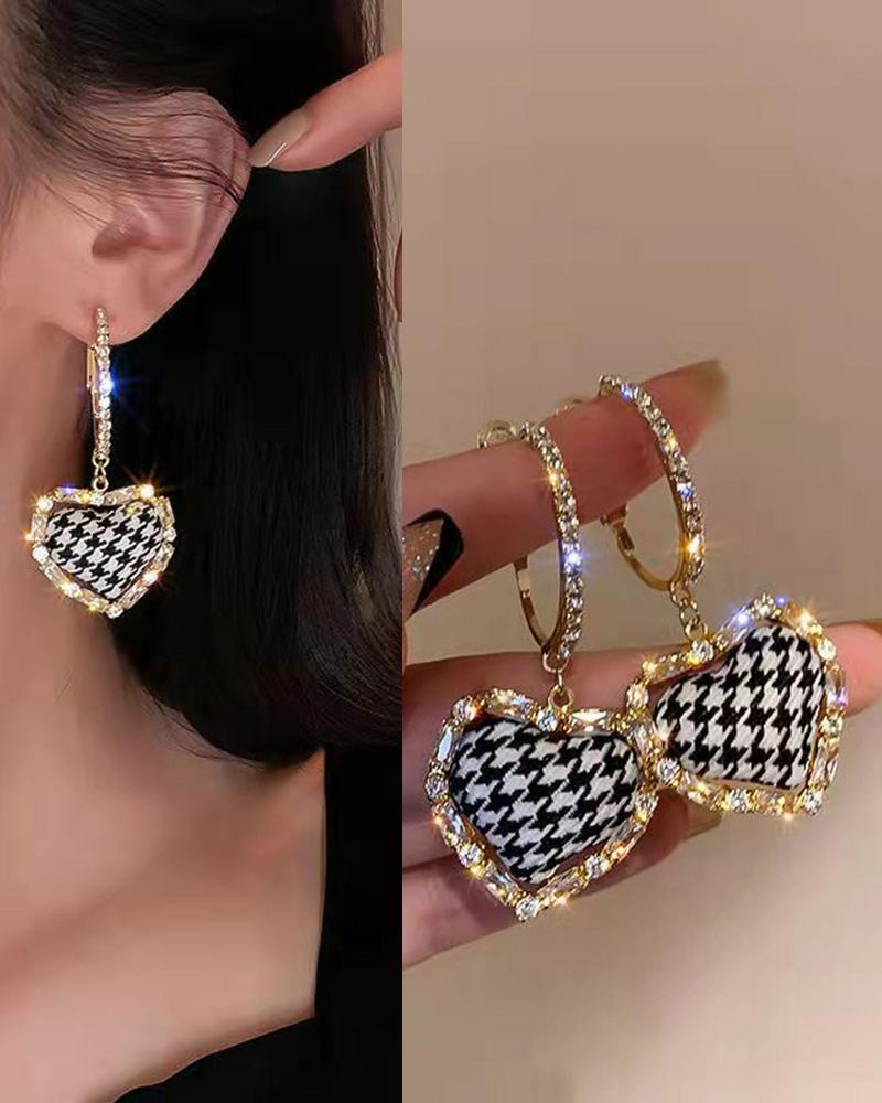 

1Pair Houndstooth Rhinestone Heart Drop Earrings, Black