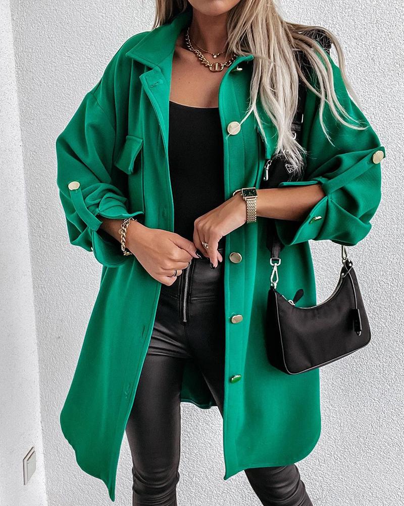 

Long Sleeve Buttoned Pocket Design Shacket, Green