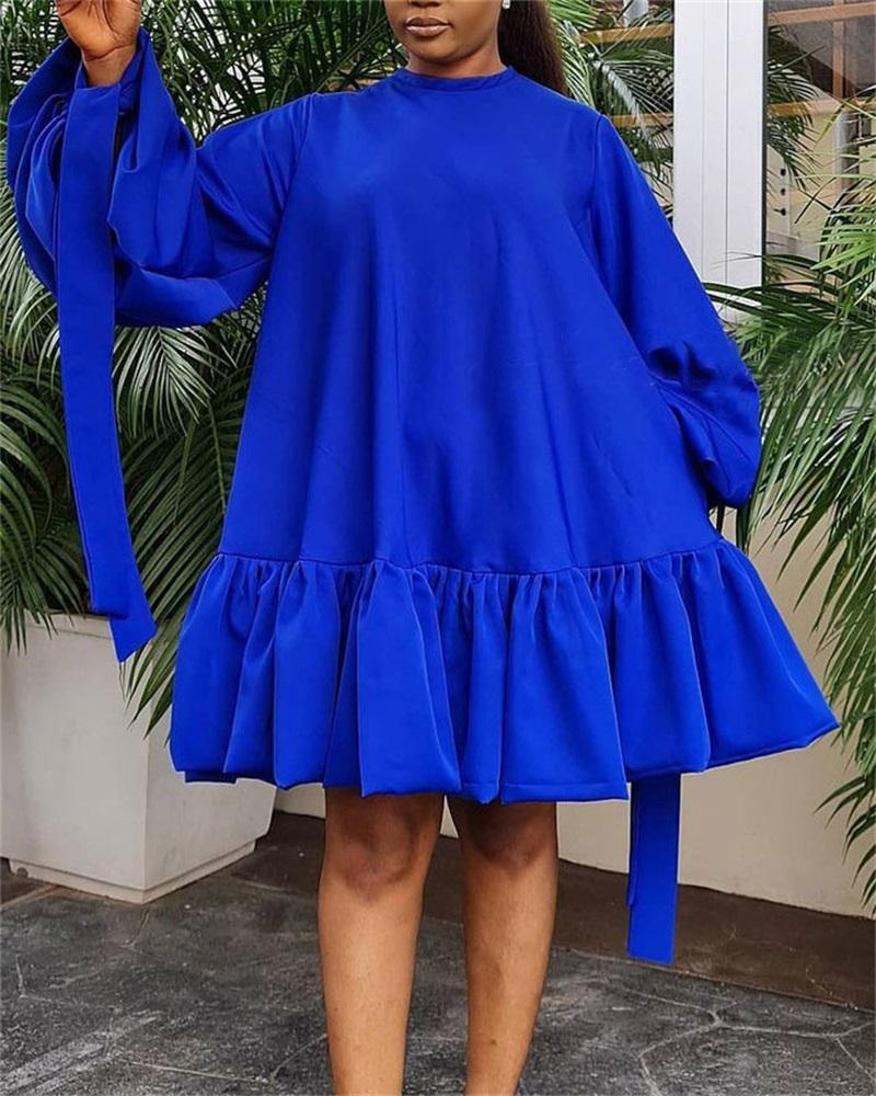 

Plus Size Lantern Sleeve Ruffle Hem Tied Detail Swing Dress, Blue
