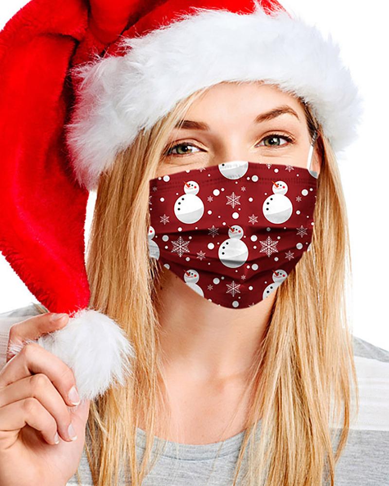 

5PCS/Set Christmas Print Disposable Face Mask, Wine red