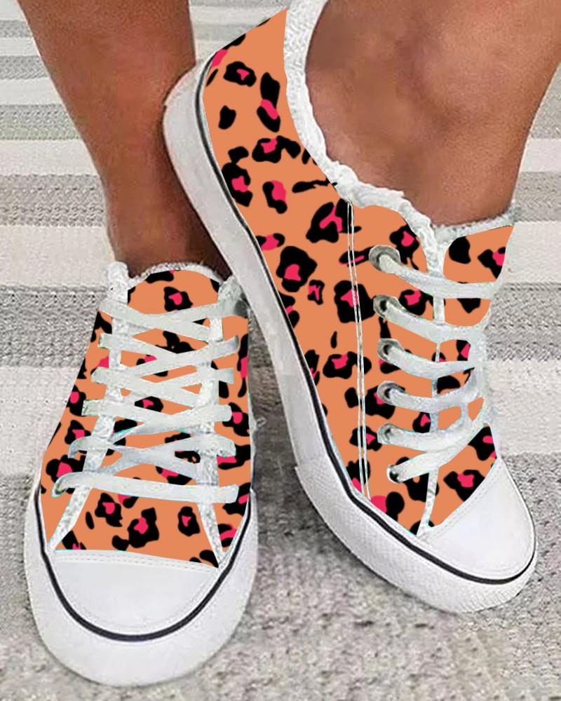 

Leopard Print Raw Hem Lace-up Canvas Sneakers, Orange