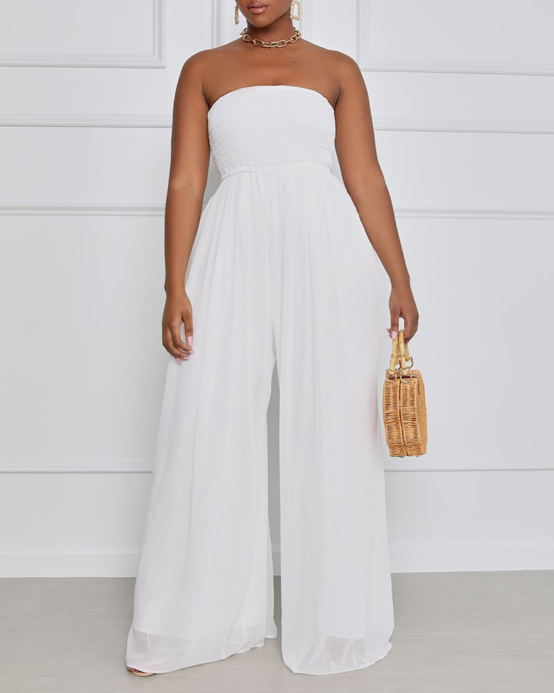 

Ruched Bandeau Shirred Wide Leg Jumpsuit, White