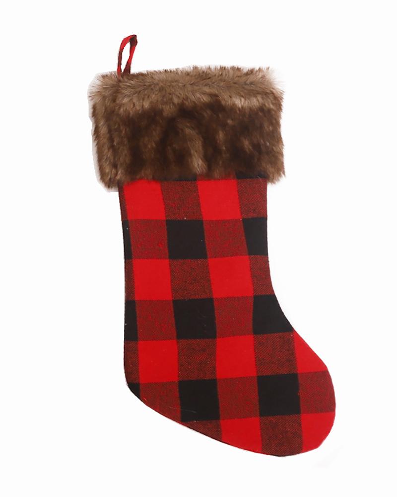 

Christmas Plaid Grpahic Print Fluffy Trim Stockings Hanging Ornaments, Style2