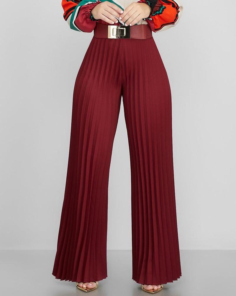 

Solid Pleated Wide Leg Casual Pant, Wine red