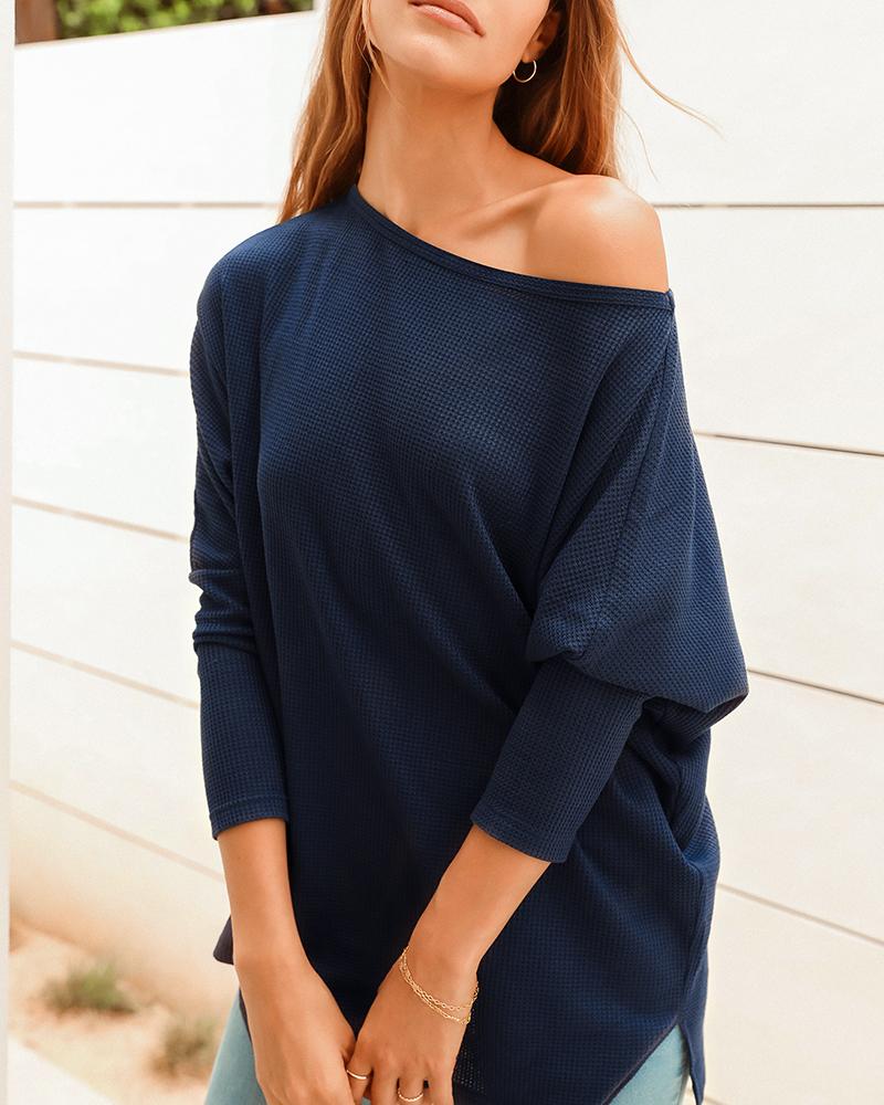 

Round Neck Long Sleeve Slit Waffle Knit Top, Blue