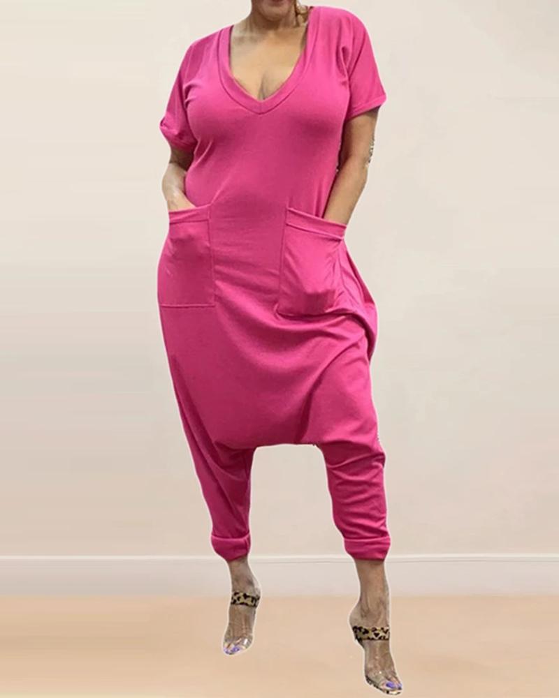 

Plain Short Sleeve Pocket design Jumpsuit, Hot pink