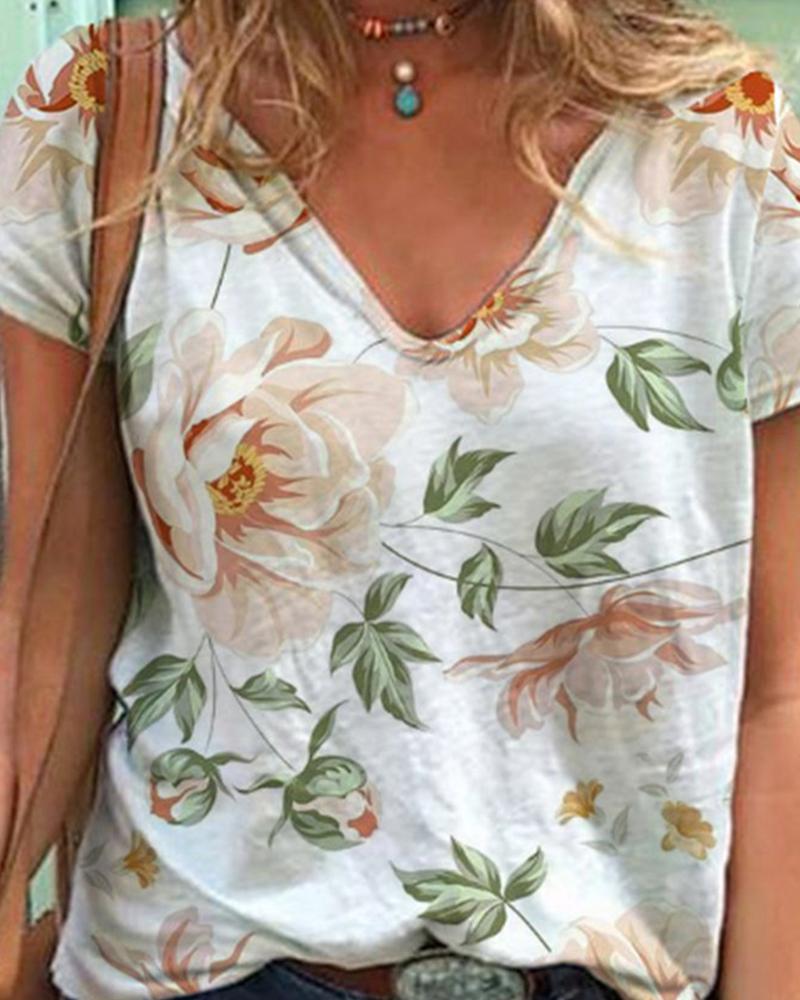 

V-Neck Floral Print Short Sleeve Casual T-shirt, White