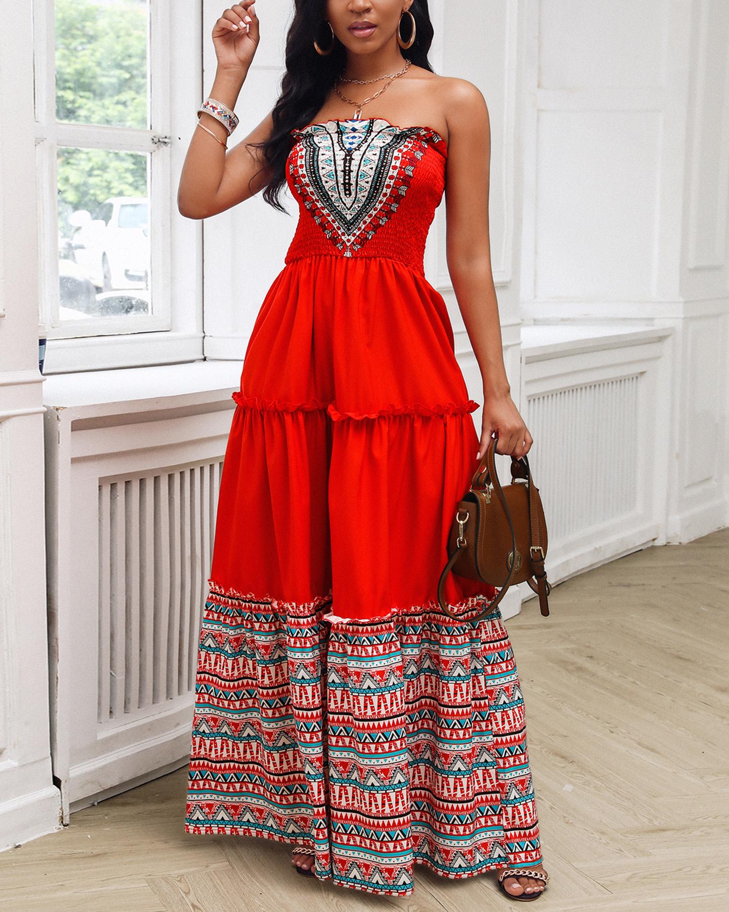 

Bandeau Tribal Print Shirring Design Ruffles Maxi Dress, Red