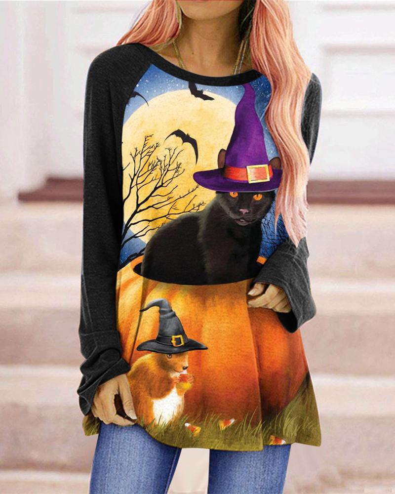 

Halloween Graphic Cat Print Long Sleeve Top, Black