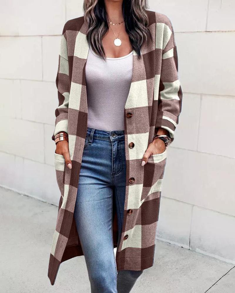 

Plaid Print Pocket Design Cardigan, Brown