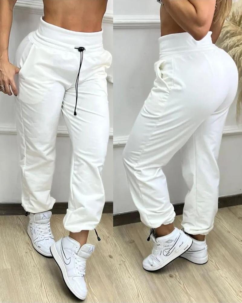 

High Waist Drawstring Cuffed Pants, White