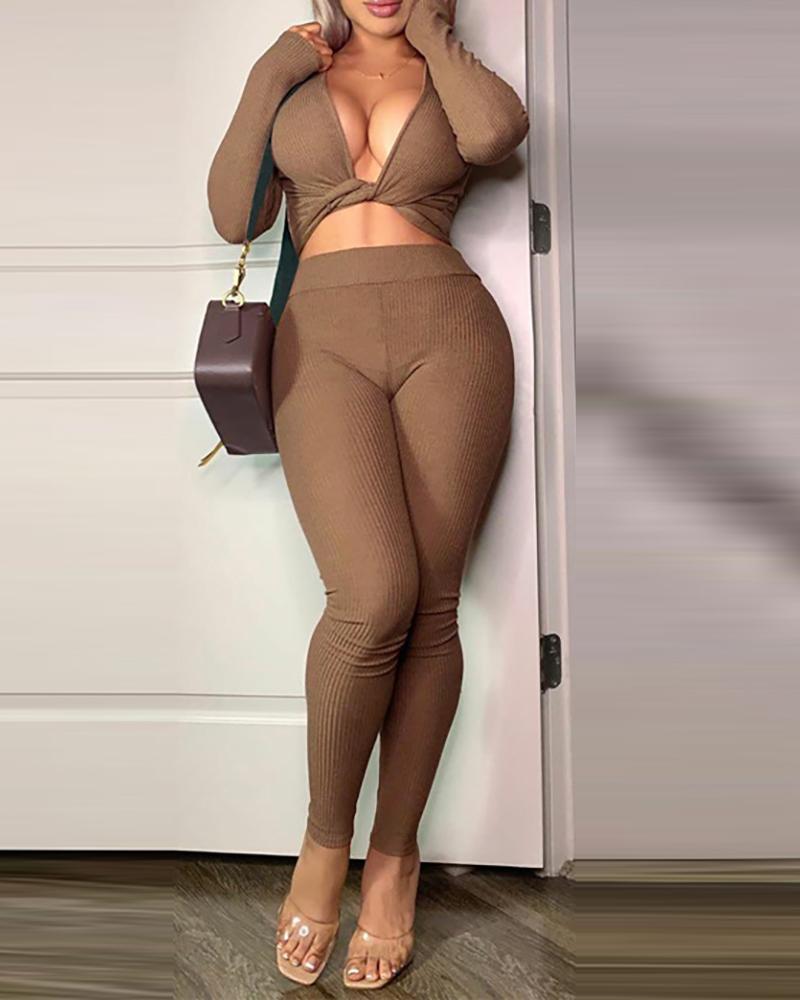 

Solid Tie Front Crop Top & High Waist Fitted Pants Set, Green