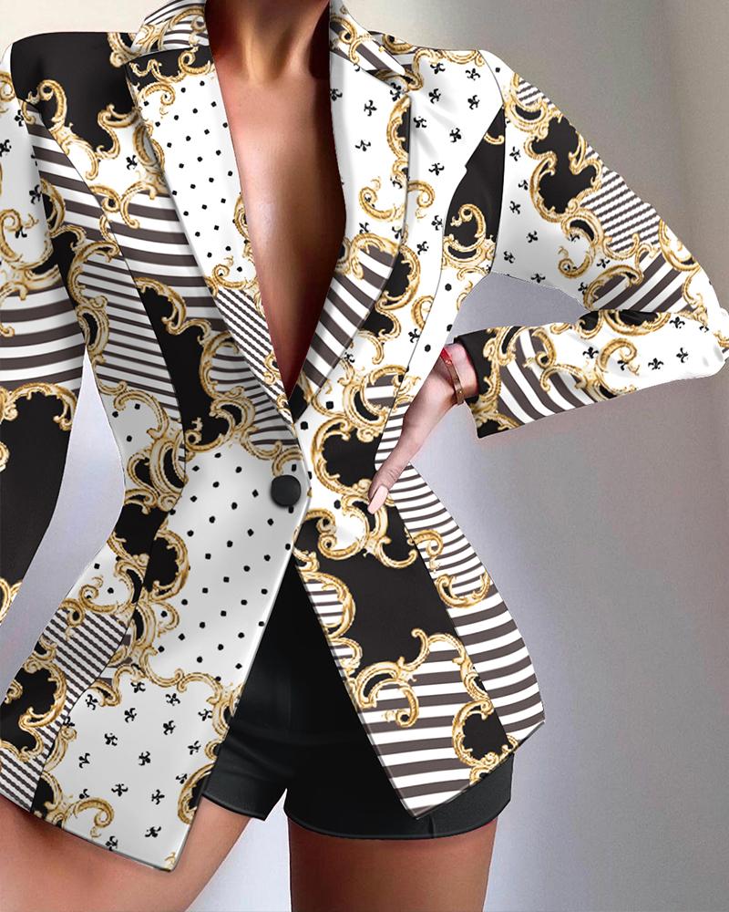 

Scarf Print Lapel Collar Single Button Tailored Blazer Elegant Work Blazer Coat, White
