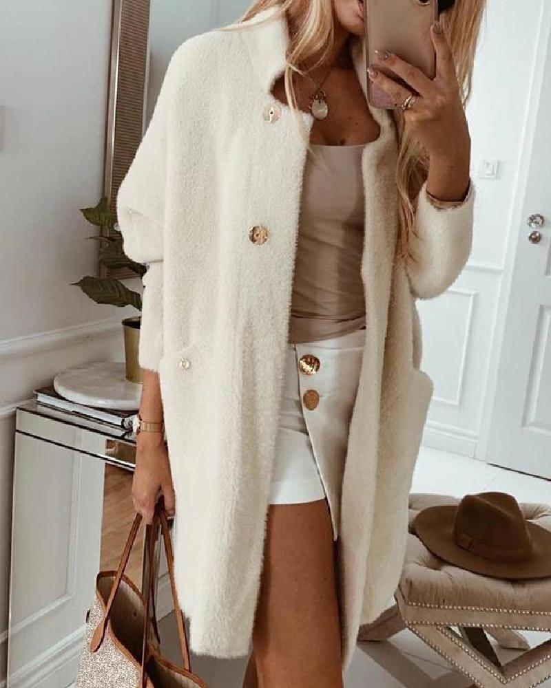 

Pocket Design Buttoned Fluffy Coat, Beige