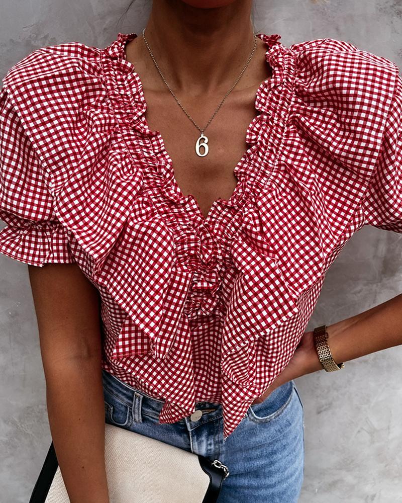 

Plaid Print Ruched Ruffle Hem Top, Pink