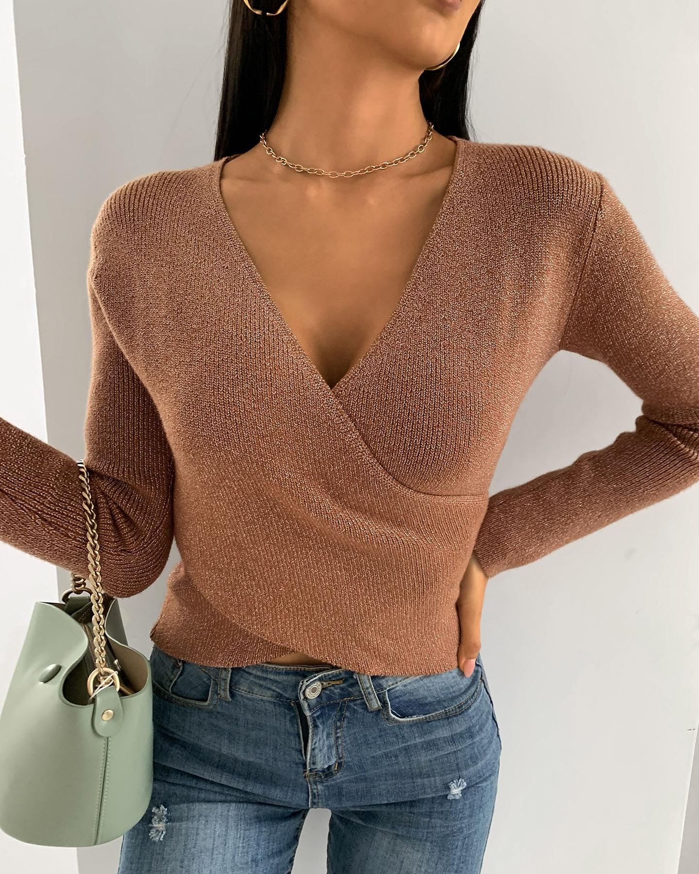 

Solid Wrap Long Sleeve Knit Crop Women Top, Khaki
