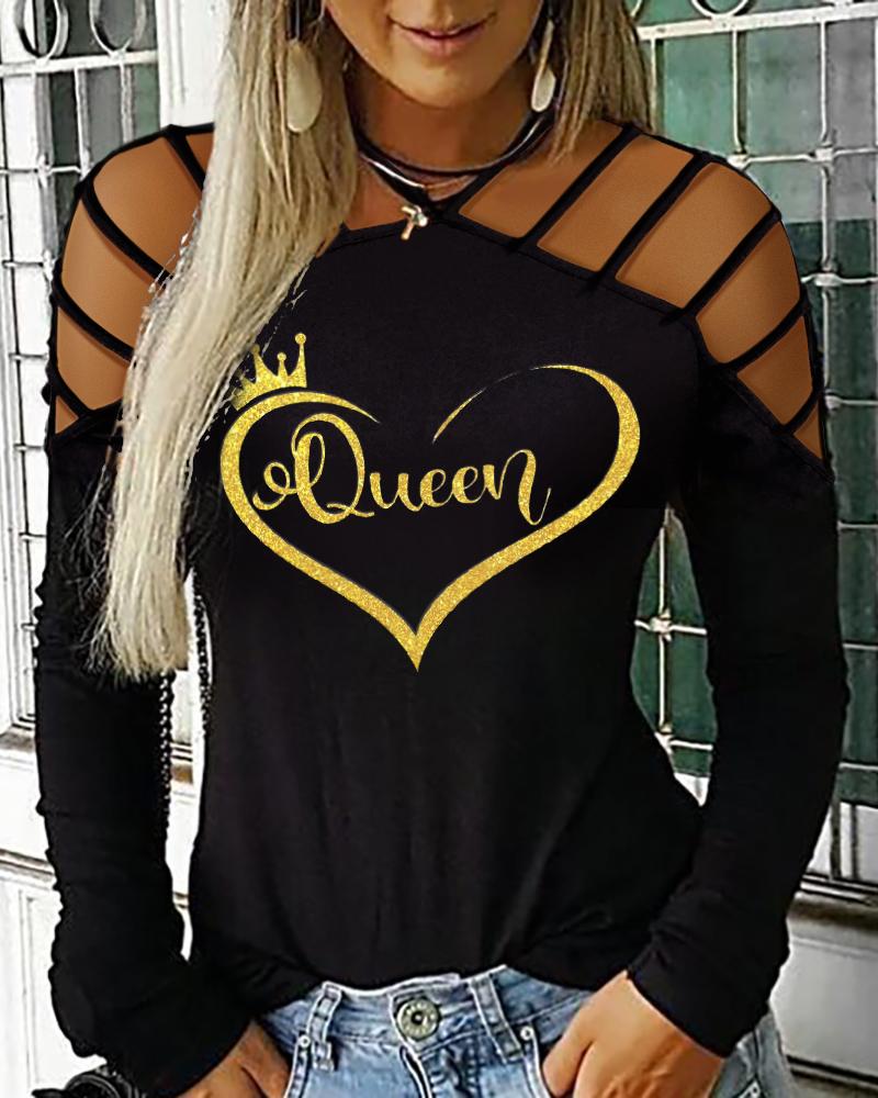 

Letter Heart Crown Print Cold Shoulder Top, Black