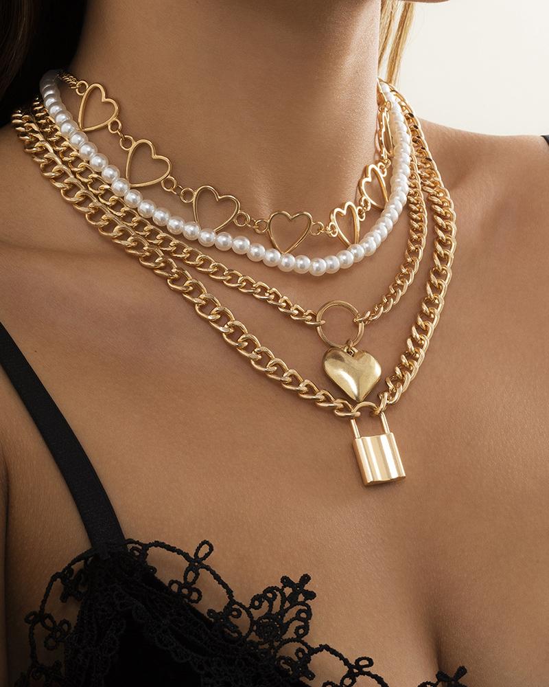 

4pcs Heart Lock Pattern Beaded Chain Necklace, Gold