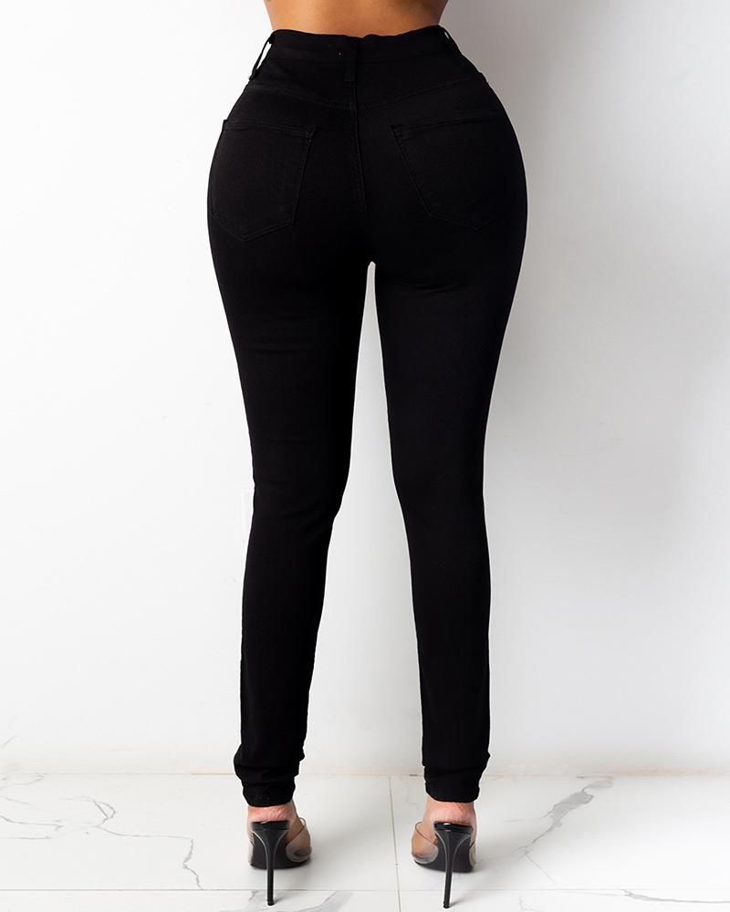 

High Waist Button Pocket Decor Pencil Jeans, Black