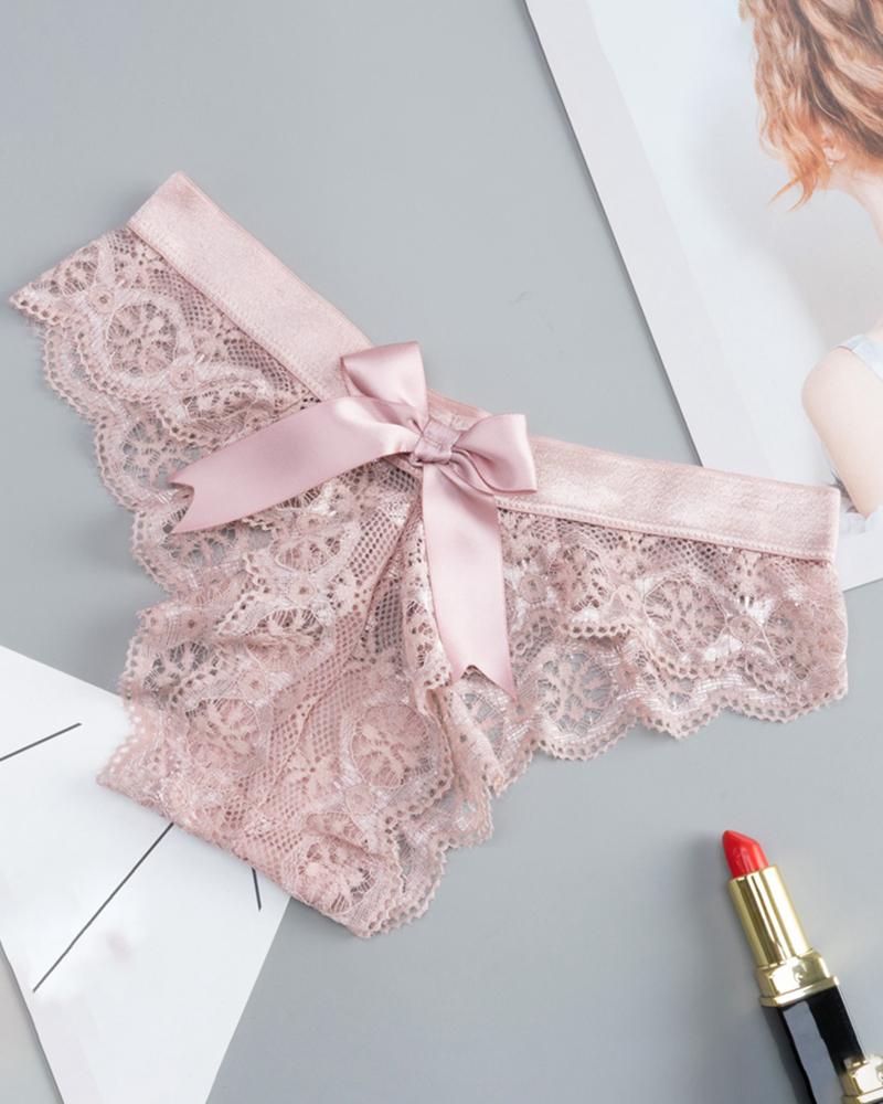 

Bowknot Decor Crochet Lace Thong Panty, Pink