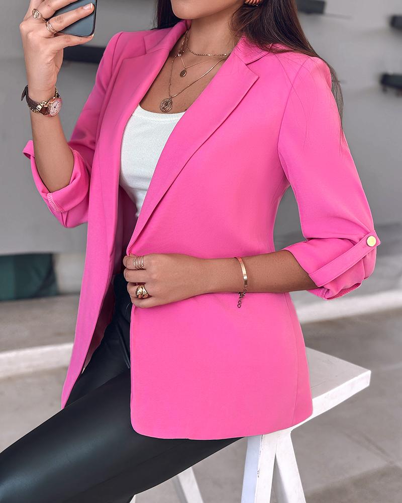 

Notched Collar Roll Up Sleeve Blazer Coat, Pink
