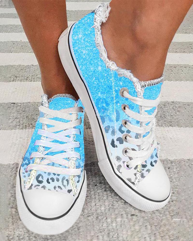 

Valentine's Day Ombre Cheetah Print Lace-up Fringe Hem Canvas Sneakers, Blue