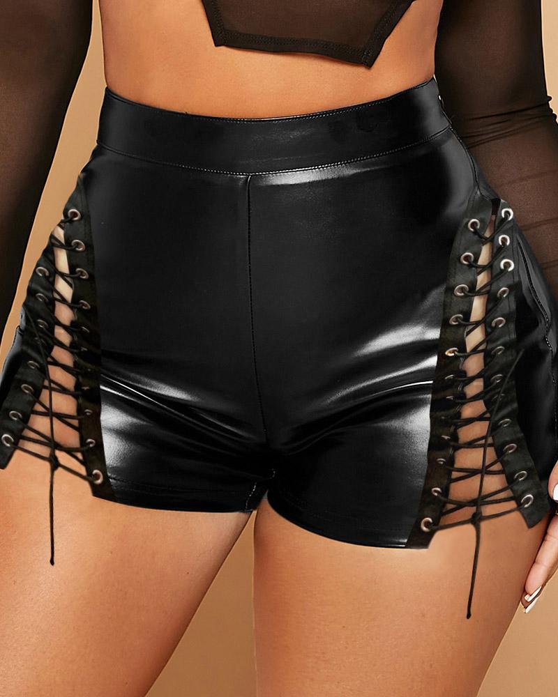

Side Eyelet Lace-up PU Leather Shorts, Black
