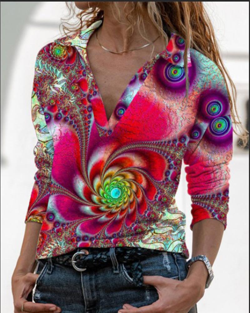 

Retro All Over Print Long Sleeve Blouse, Red