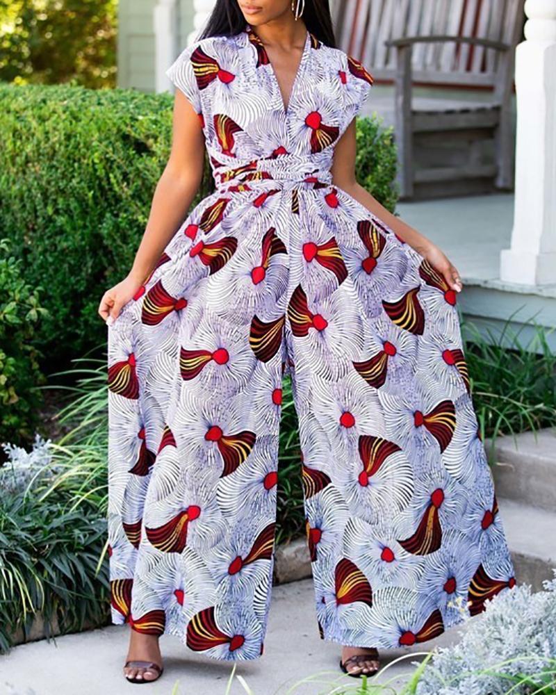 

Graphic / Abstract Print Sleeveless Wide Leg Jumpsuit, Style4