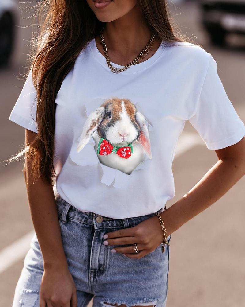 

Easter Bowtie Rabbit Print Short Sleeve Loose T-shirts, White