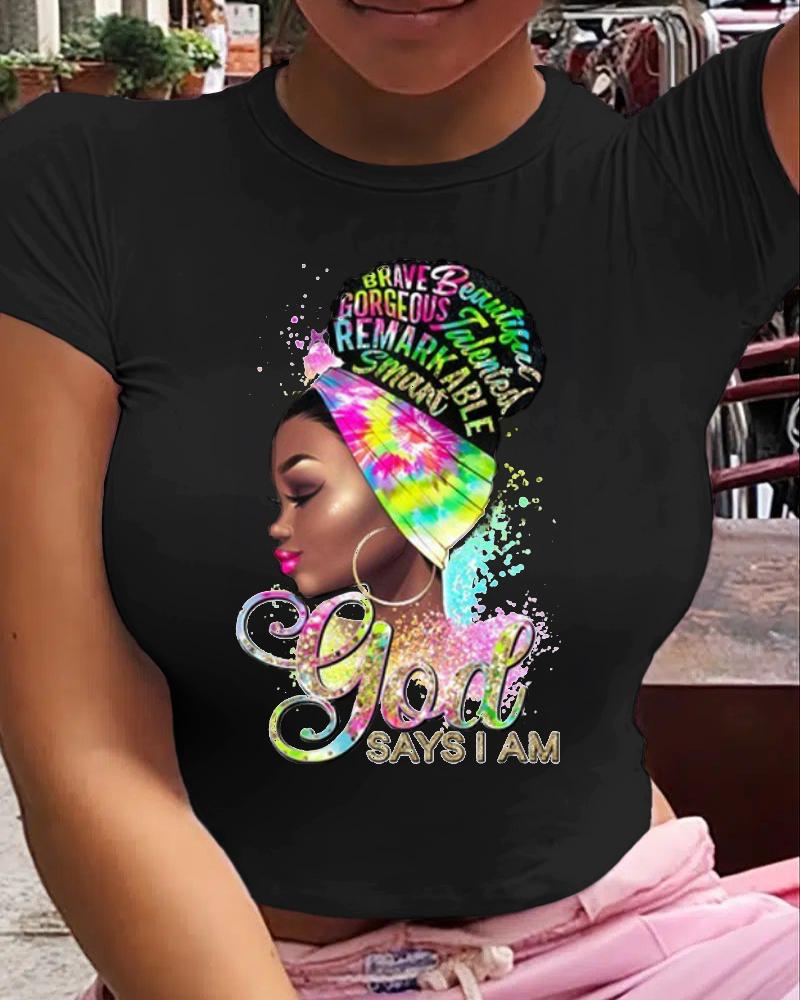 

Plus Size Figure Print Short Sleeve Casual T-shirt, Black