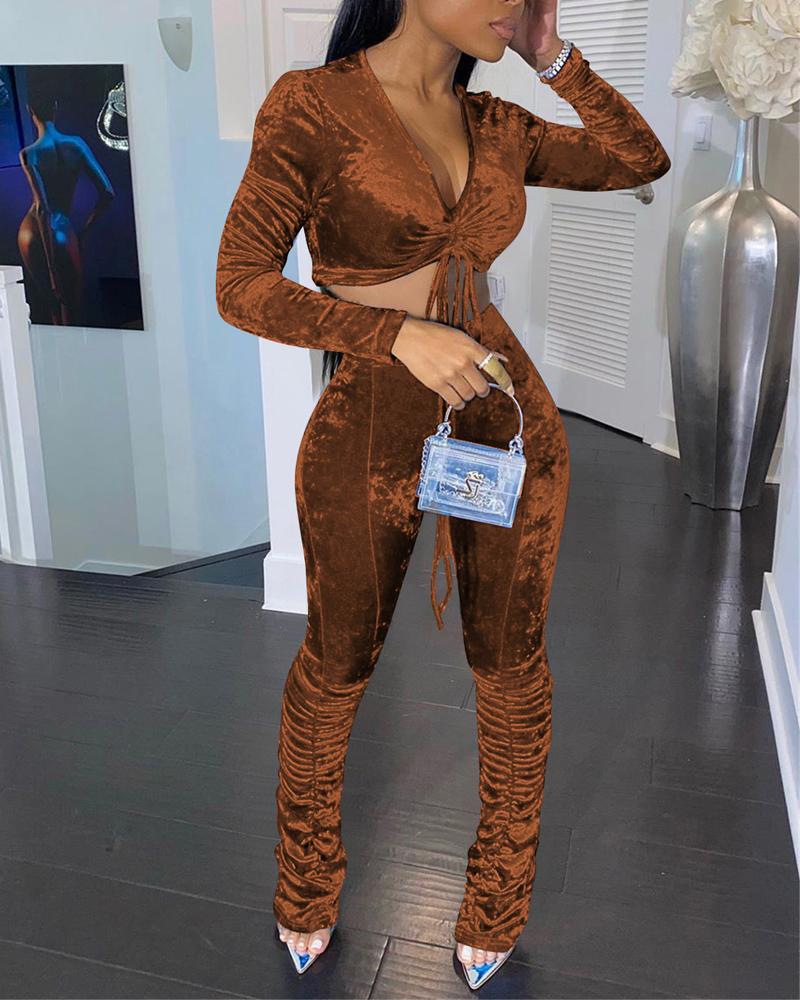 

Velvet Drawstring Ruched Crop Top & Stacked Pants Set, Brown