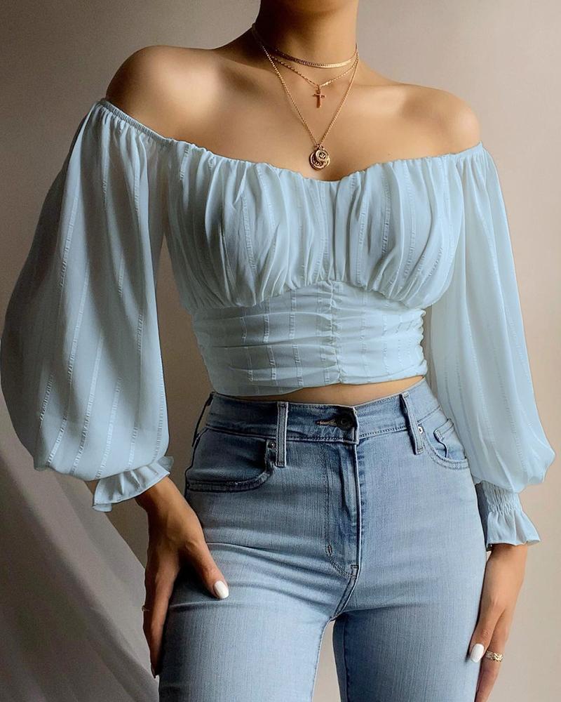 

Off Shoulder Ruched Lantern Sleeve Crop Top Long Sleeve Tee Shirts Skinny Blouse, Blue