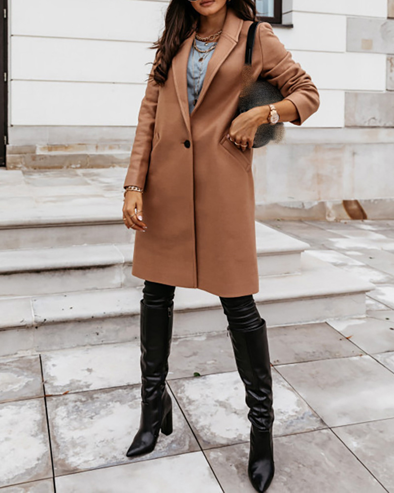 

Pockets Design Buttoned Solid Casual Longline Coat, Khaki