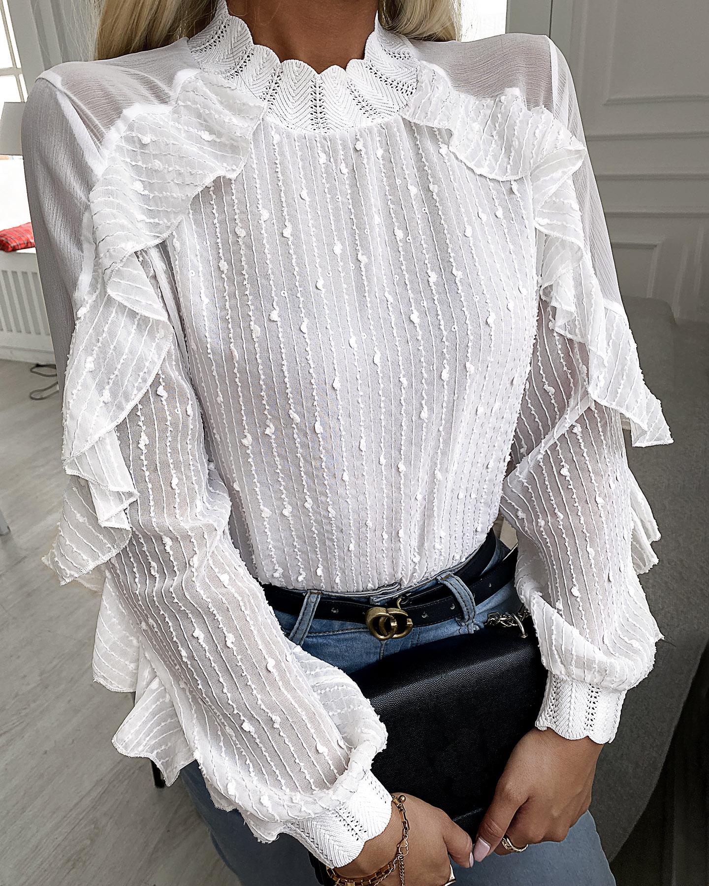 

Lace Ruffles Trim Sheer Mesh Women Top, White