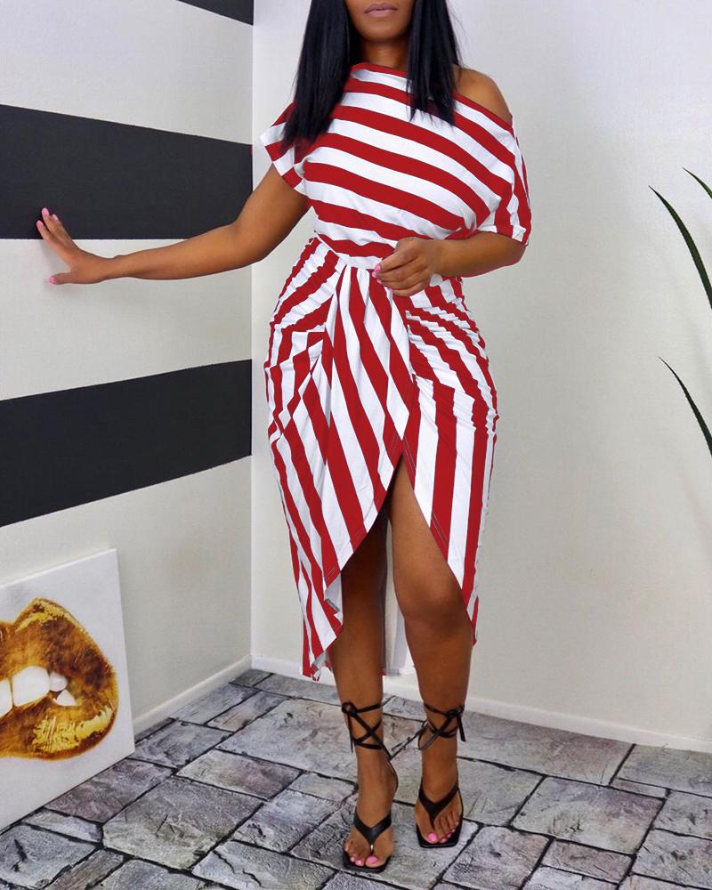 

Striped Print Ruched Slit Casual Dress, Red