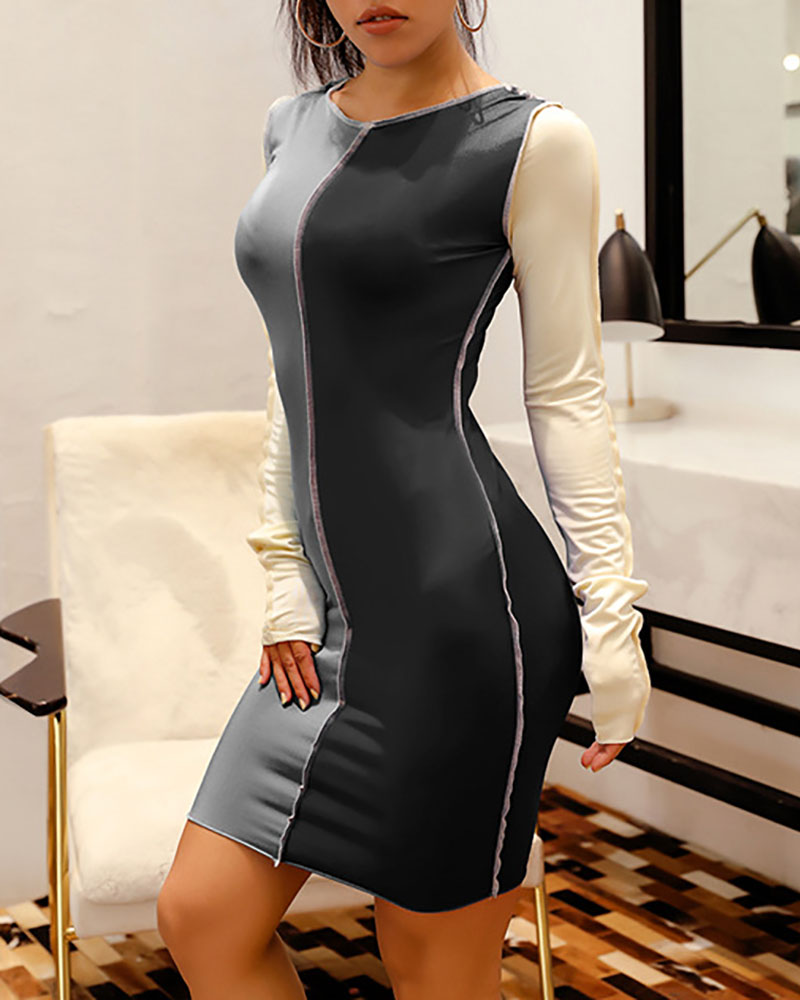 

Colorblock Contrast Piping Bodycon Dress, Gray