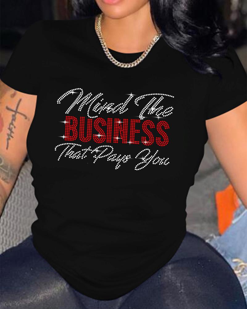 

Plus Size Rhinestone Letter Pattern Casual T-shirt, Black