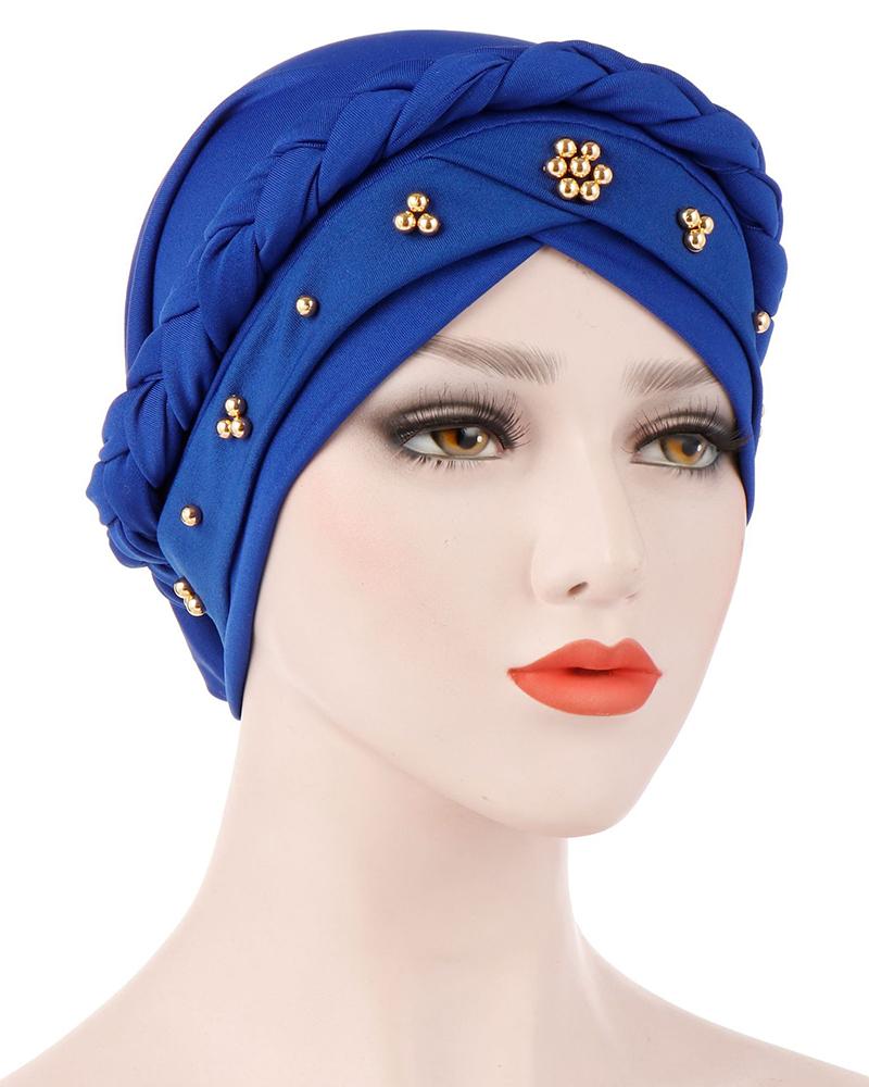 

Studded Headwrap Braided Turban Cap Beaded Beanie Hat, Dark blue