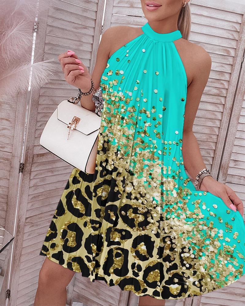 

Contrast Leopard Print Sleeveless Pleated Dress, Turquoise blue