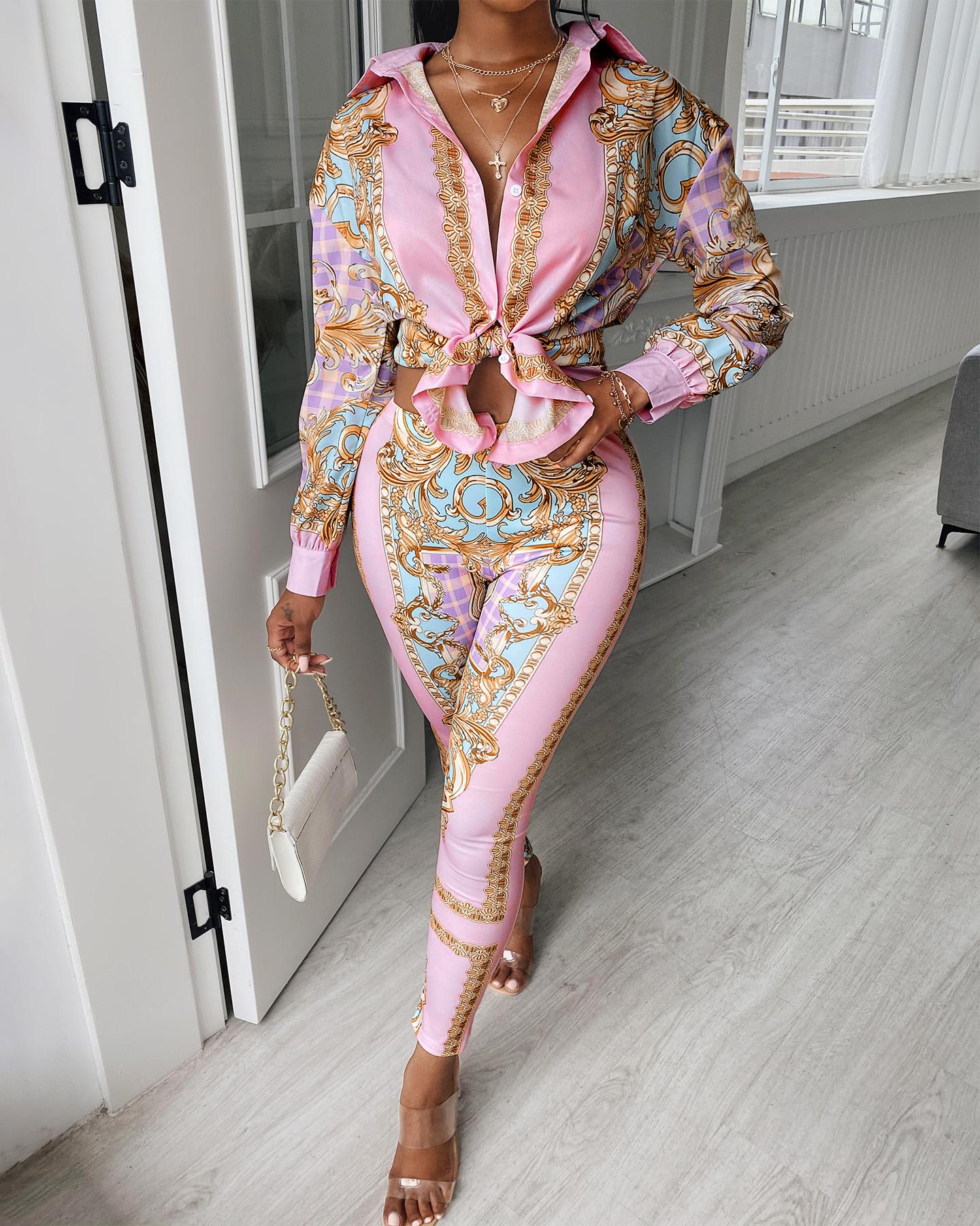 

All Over Print Deep V Neck Long Sleeve Top & Pants Set, Pink