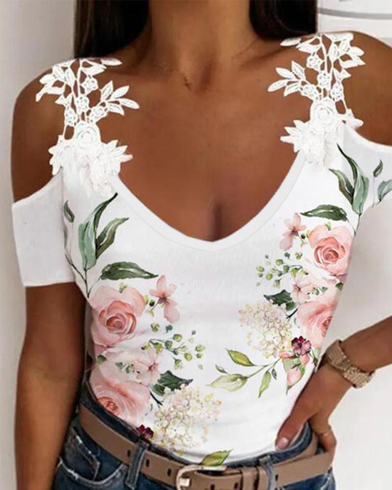 

Floral Print Contrast Lace Cold Shoulder Top, White
