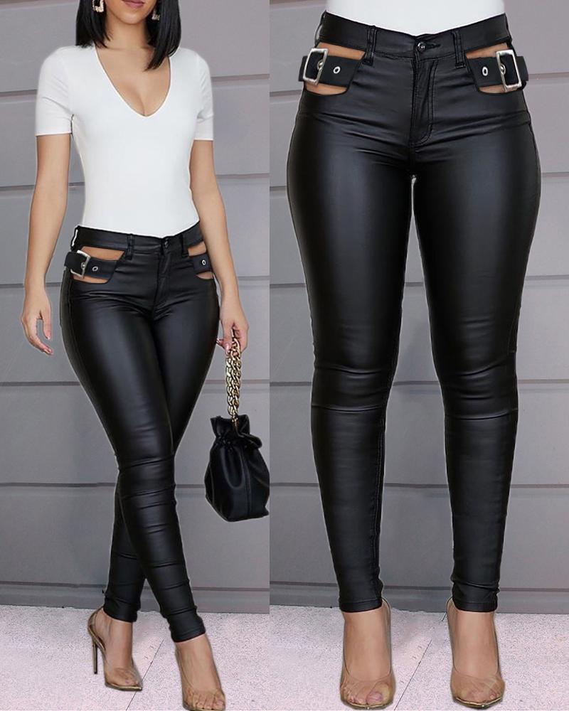 

Grommet Eyelet Buckle Detail Cutout Skinny Pants, Black