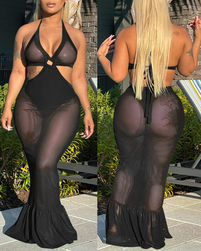

O-Ring Halter Backless Sheer Mesh Mermaid Dress, Black